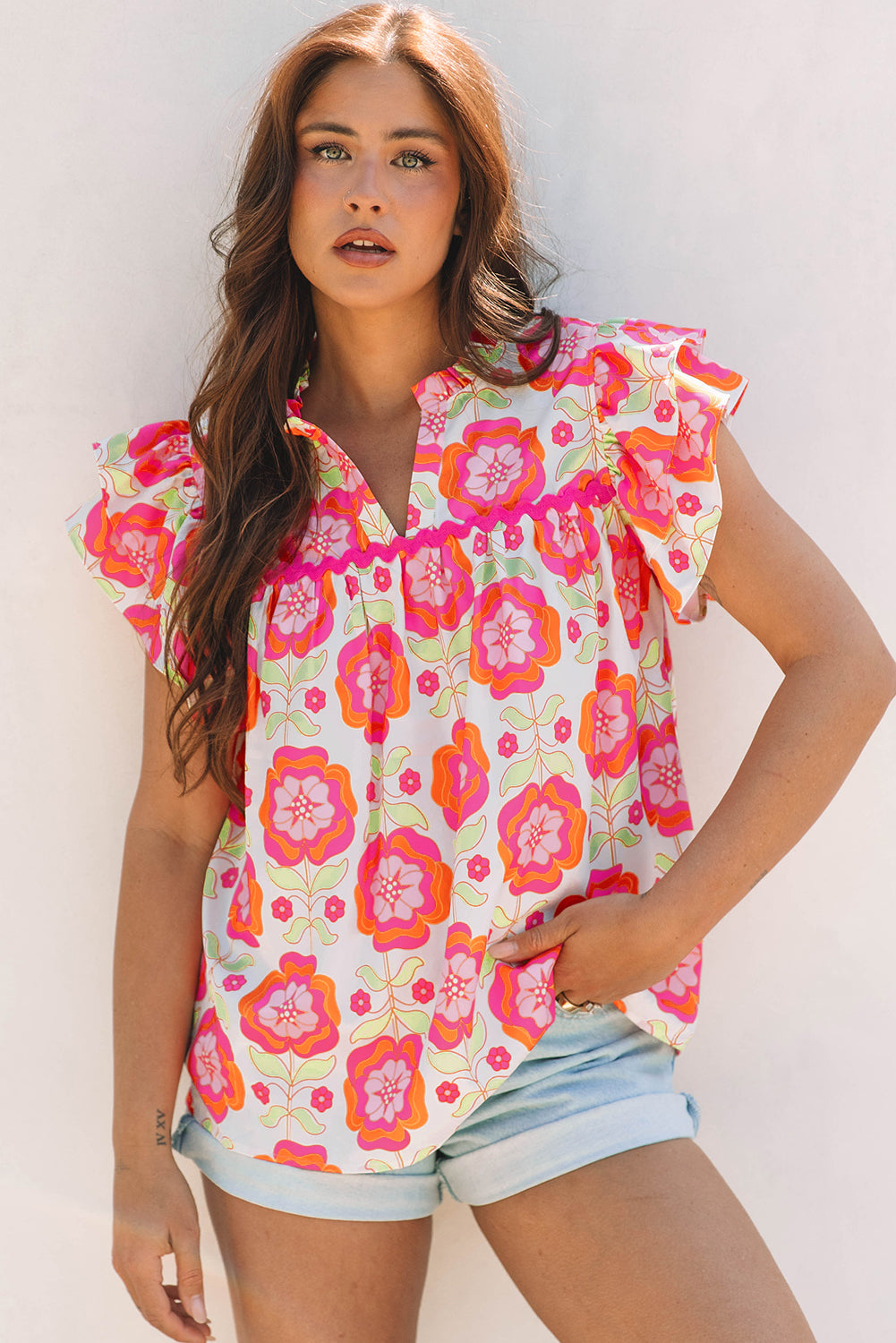 Rose Floral Ruffled Sleeve Ric-rac Trim Split Neck Loose Blouse