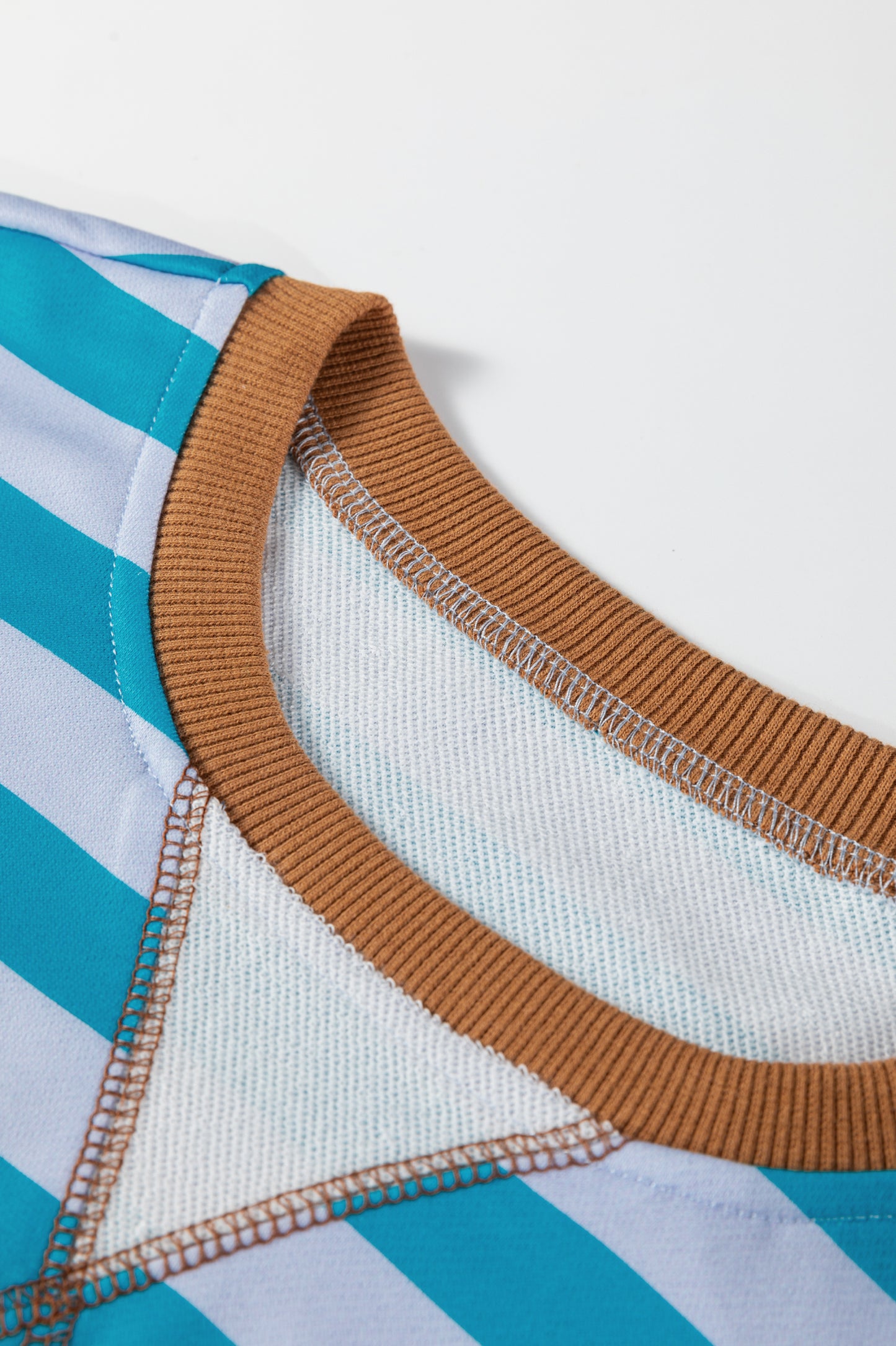 Sky Blue Stripe Contrast Color Ribbed Trim Round Neck Drop Shoulder Sweatshirt