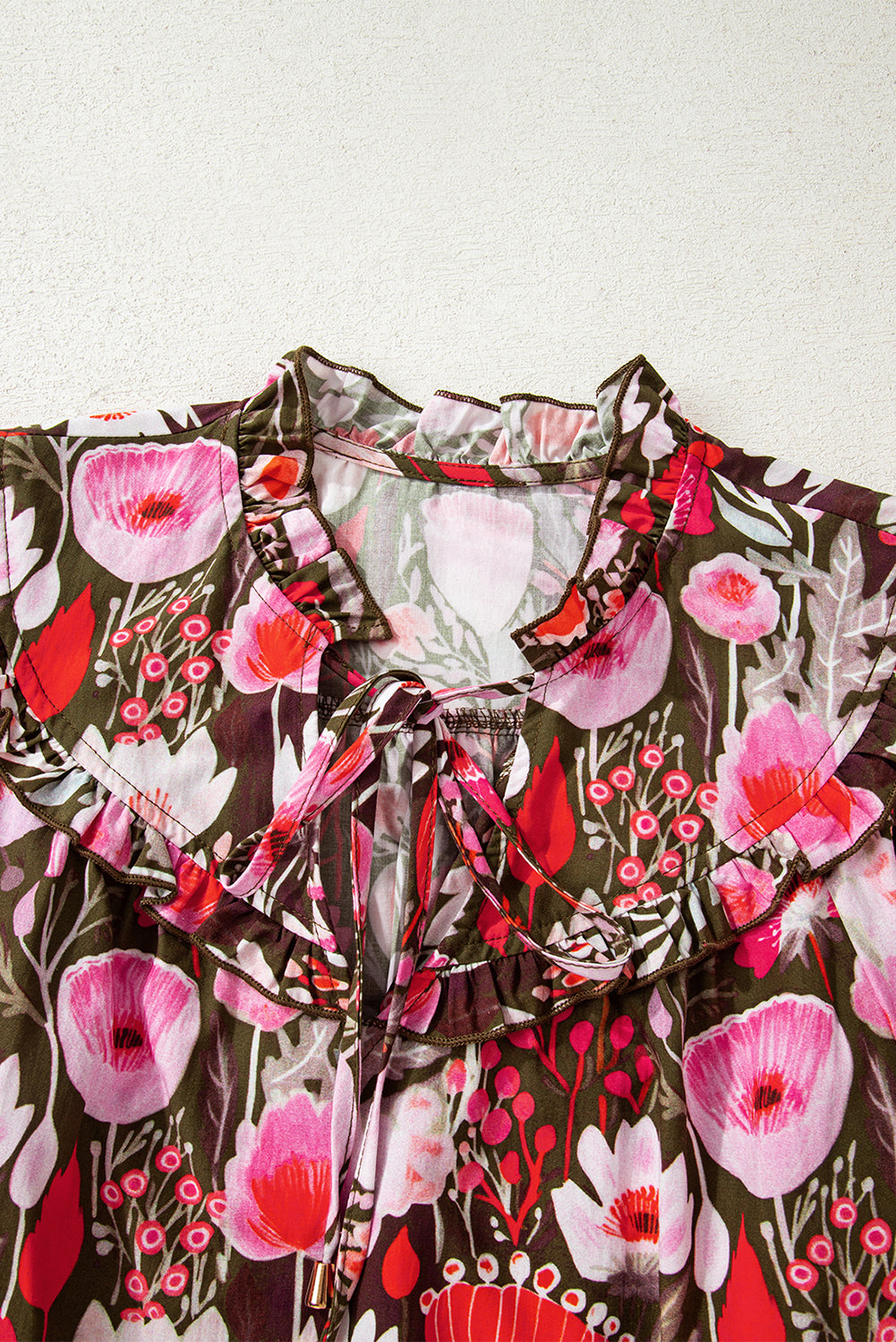 Red Floral Three Quarter Sleeve Lace-up Neck Blouse