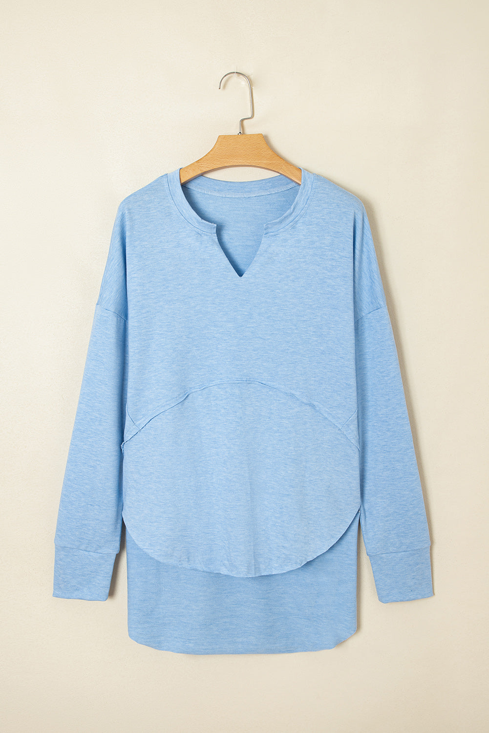Myosotis Notched Neck Terry Raw Hem Long Sleeve Top