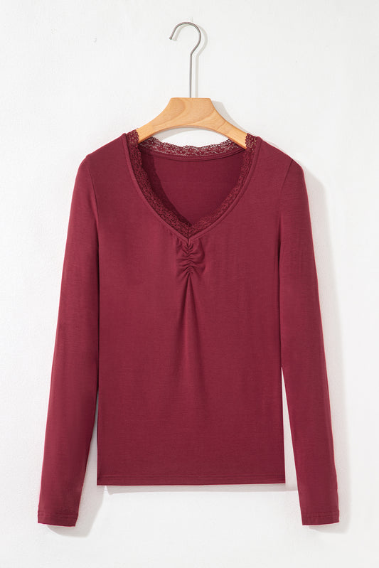 Red Dahlia Lace-trimmed Sweetheart Neckline Ruched Detail Long Sleeve T-shirt
