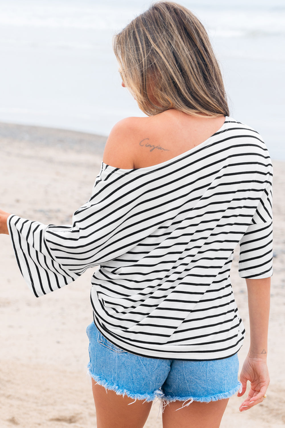 Black Stripe Half Sleeve Scoop Neck Loose Top