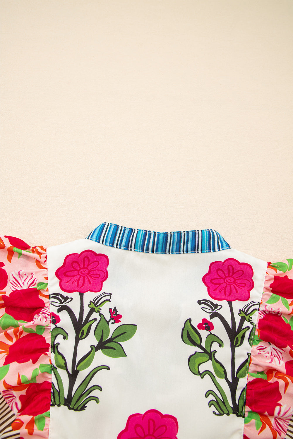 Pink Floral Print Tie Neck Striped Detail Flutter Sleeve Blouse