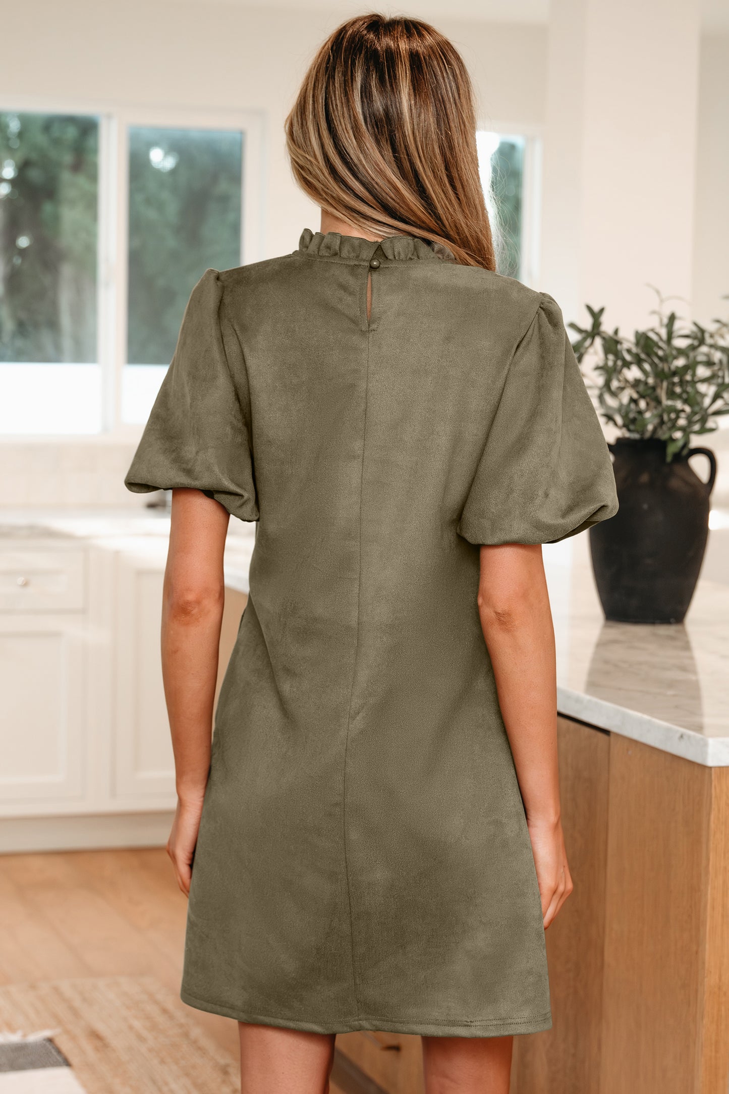Moss Green Frilled Round Neck Short Puff Sleeve Shift Mini Dress