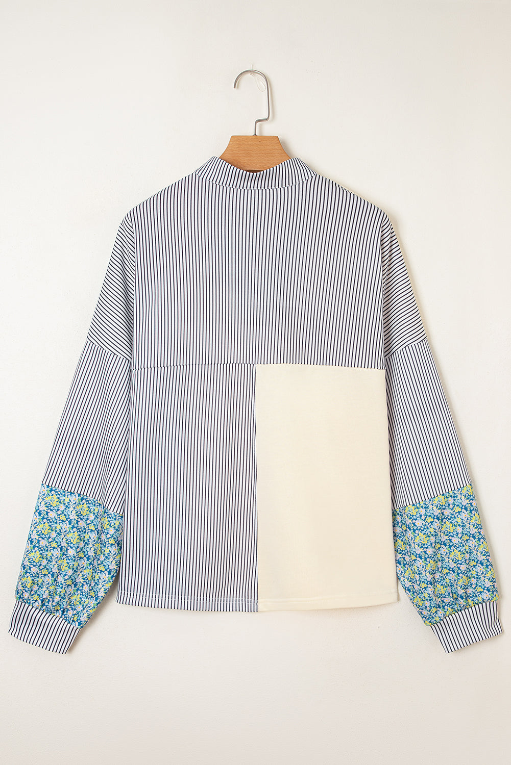 Beige Floral Striped Drop Sleeve Collared Boxy Fit Sweatshirt