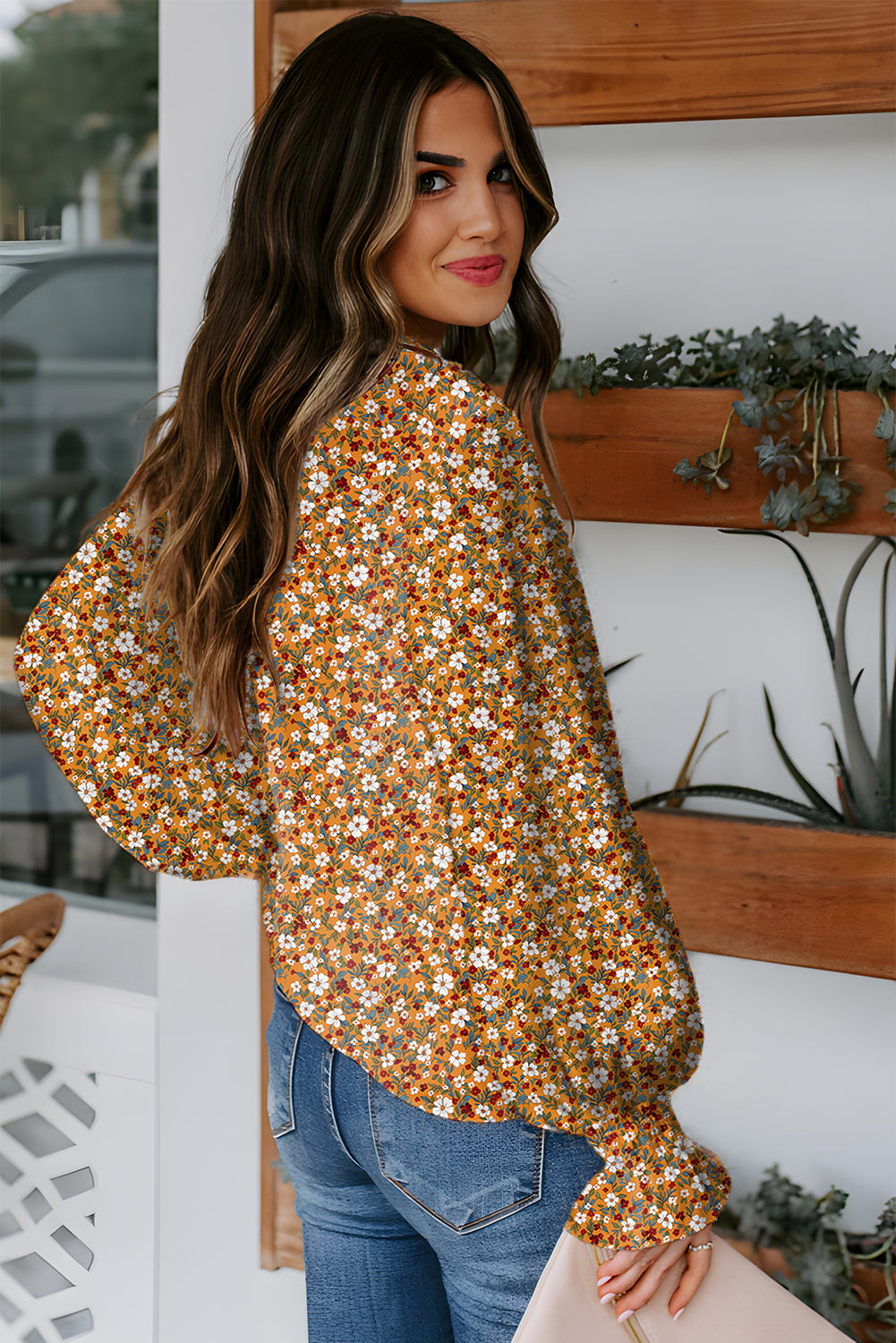 Orange Boho Floral Ruffled Bubble Sleeve V Neck Fall Blouse