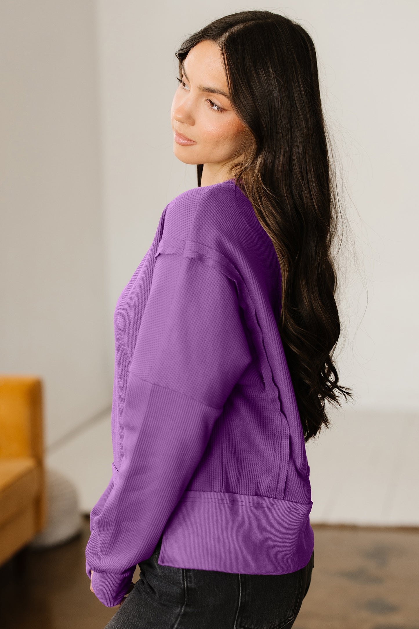 Evergreen Solid Color Raw Seam Patchwork Ribbed Drop Shoulder Sweatshirt