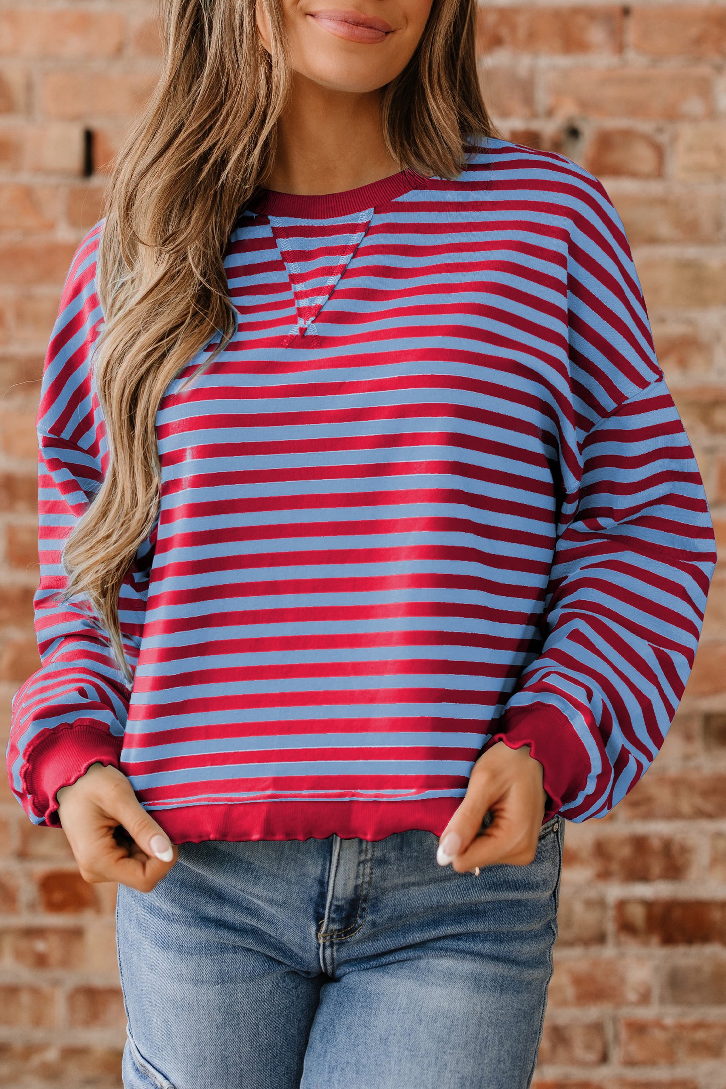 Red Stripe Exposed Seam Contrast Ribbed Trim Oversize Sweatshirt