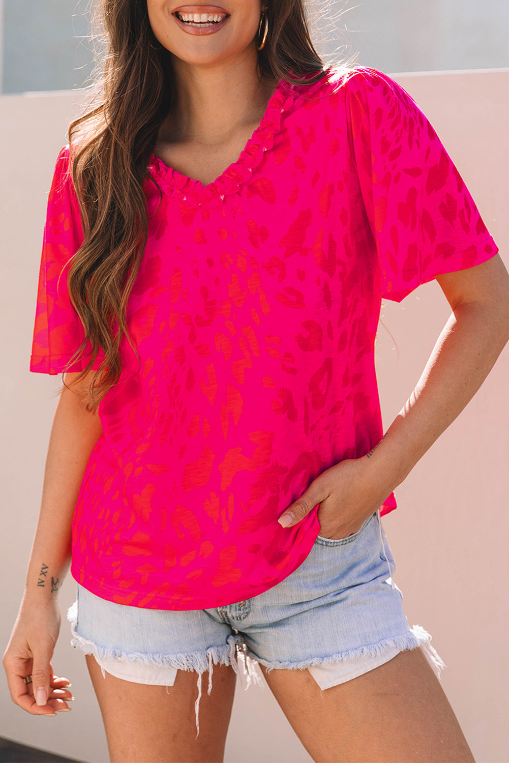 Rose Leopard Frilly V Neck Short Sleeve Blouse