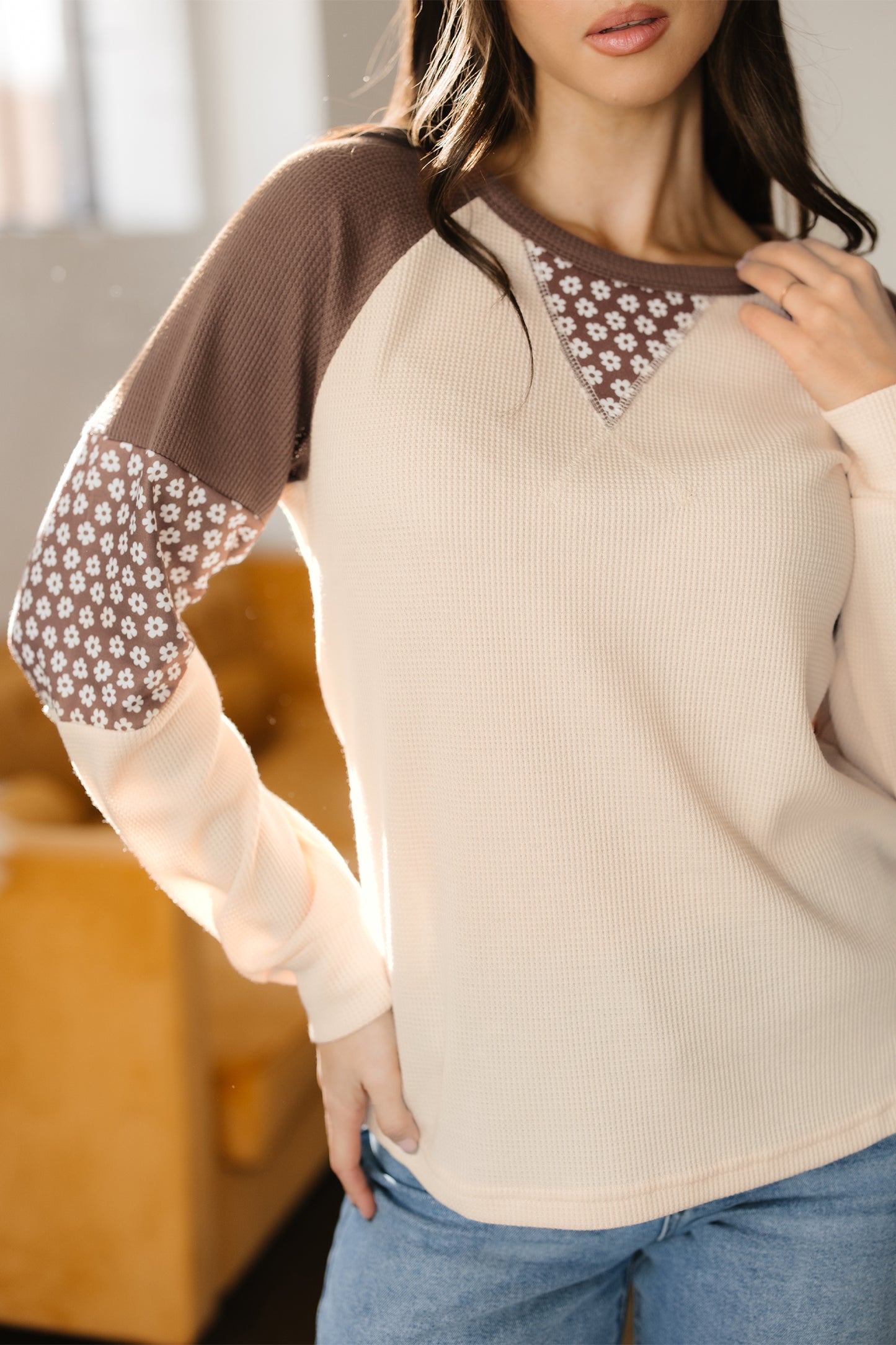 Brown Floral Print Patchwork Color Block Long Sleeve Top