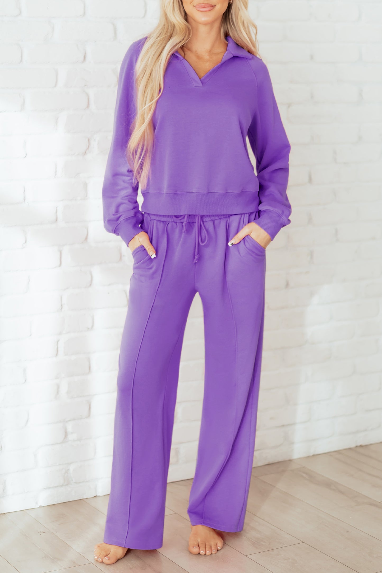 Wisteria Solid Color Collared Pullover and Central Seam Pants Set