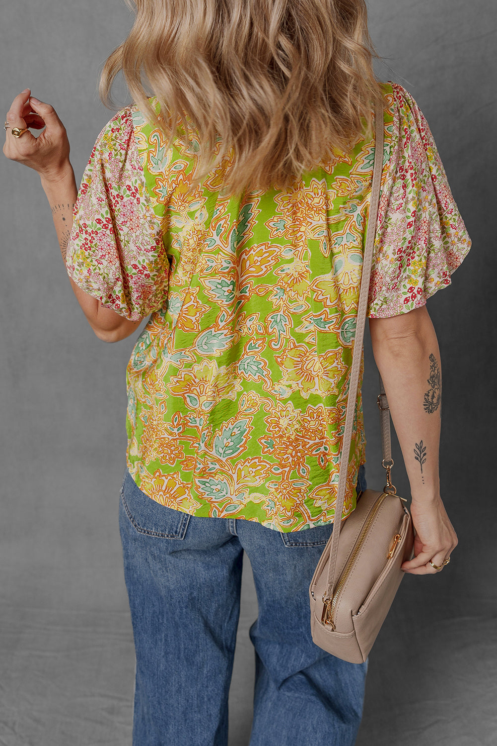 Multicolour Printed Contrast Bubble Sleeve Patchwork Blouse