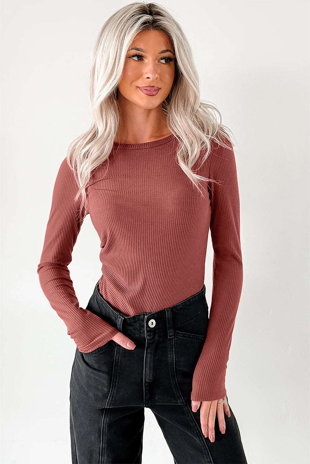 Black Ribbed Long Sleeve Crew Neck Solid Color Bodysuit