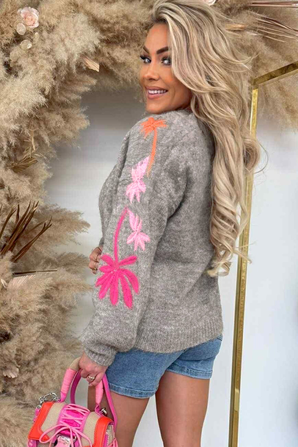 Beige Embroidered Floral Sleeve Round Neck Loose Sweater