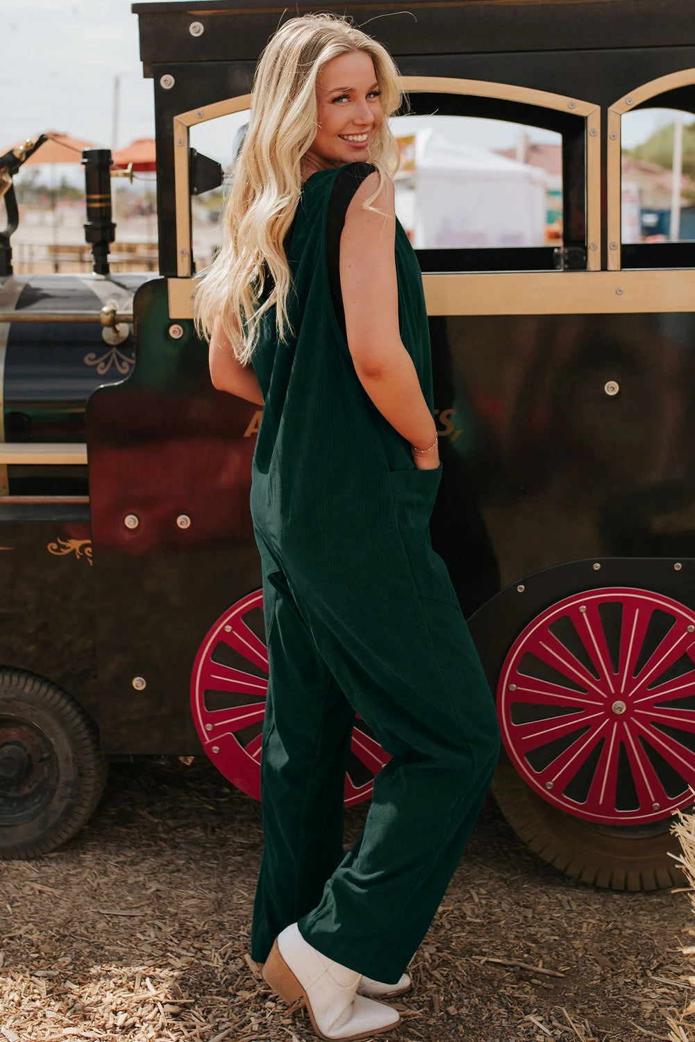 Evergreen Corduroy V Neck Patched Pocket Sleeveless Jumpsuit