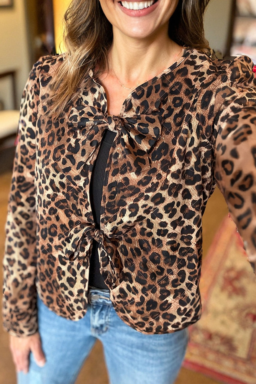 Khaki Leopard Quilted Tie Front Jacket