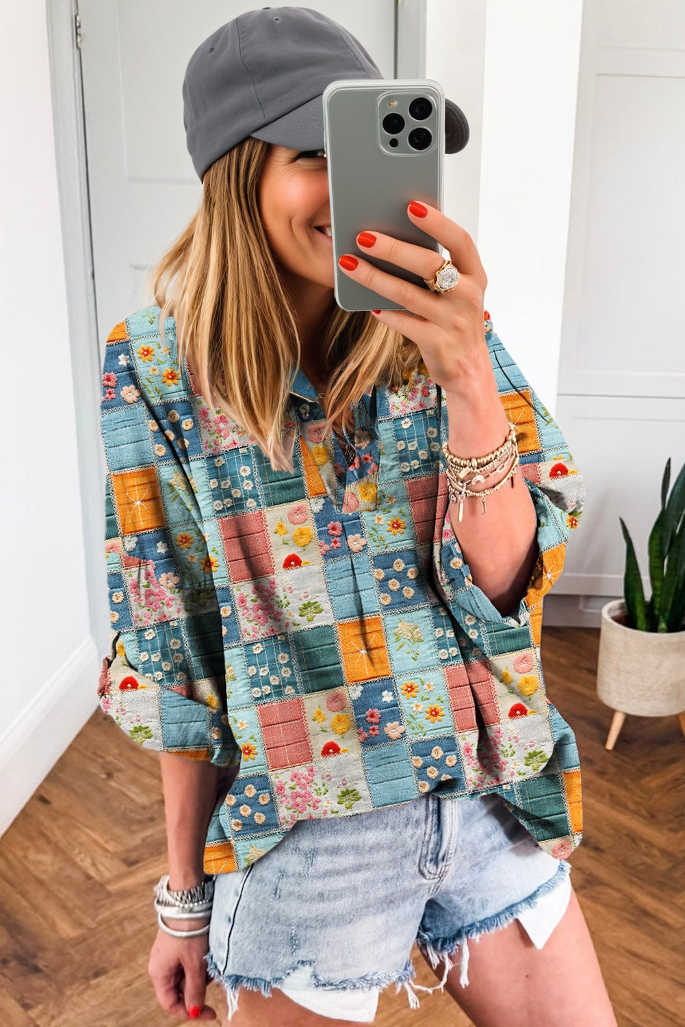 Blue Floral Collared V Neck Roll up Sleeve Shift Blouse