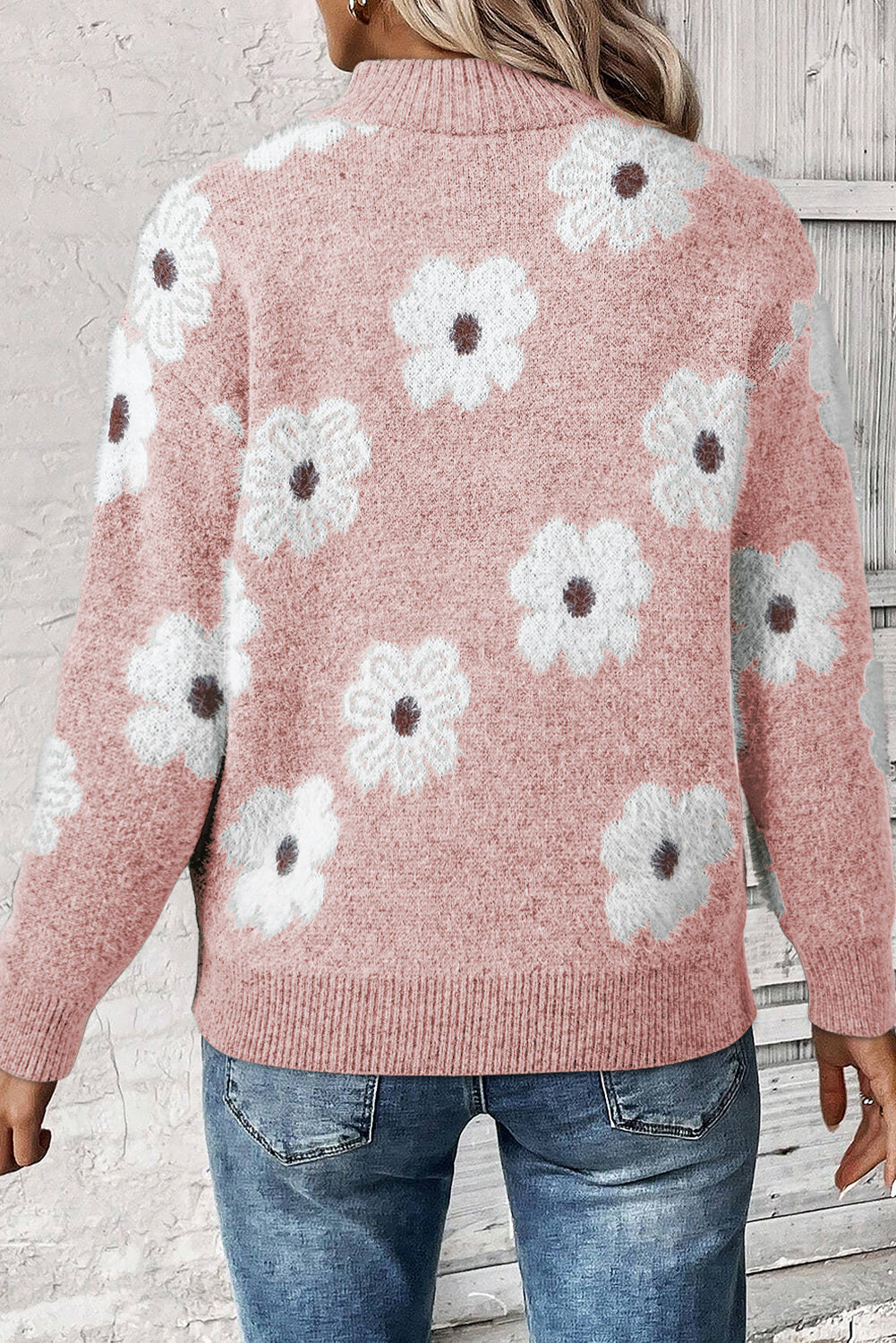 Khaki Floral Pattern Half Zip Drop Shoulder Sweater