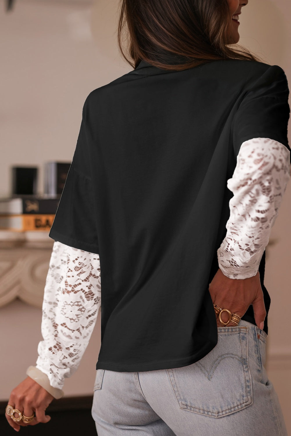 White Lace Long Sleeve Insert Drop Shoulder Tee