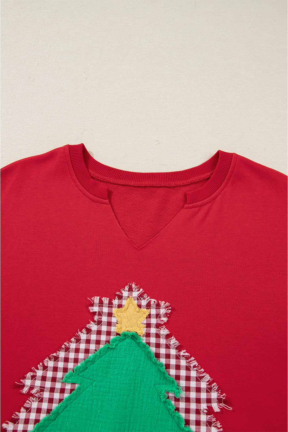 Fiery Red Plaid Frayed Double Christmas Tree Patched Drop Shoulder Sweatshirt