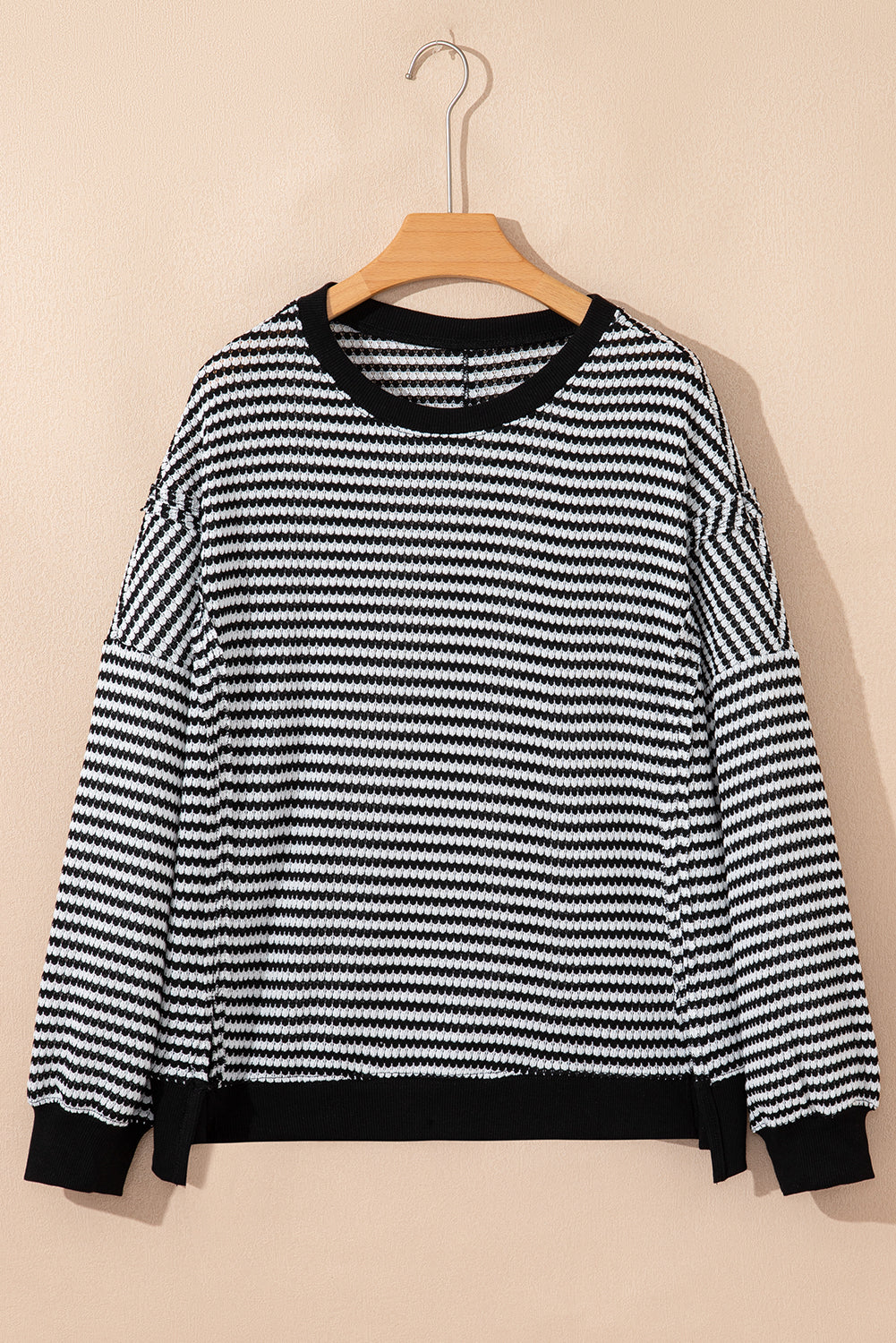 Black Stripe Ribbed Trim Drop Shoulder Long Sleeve Oversize Top