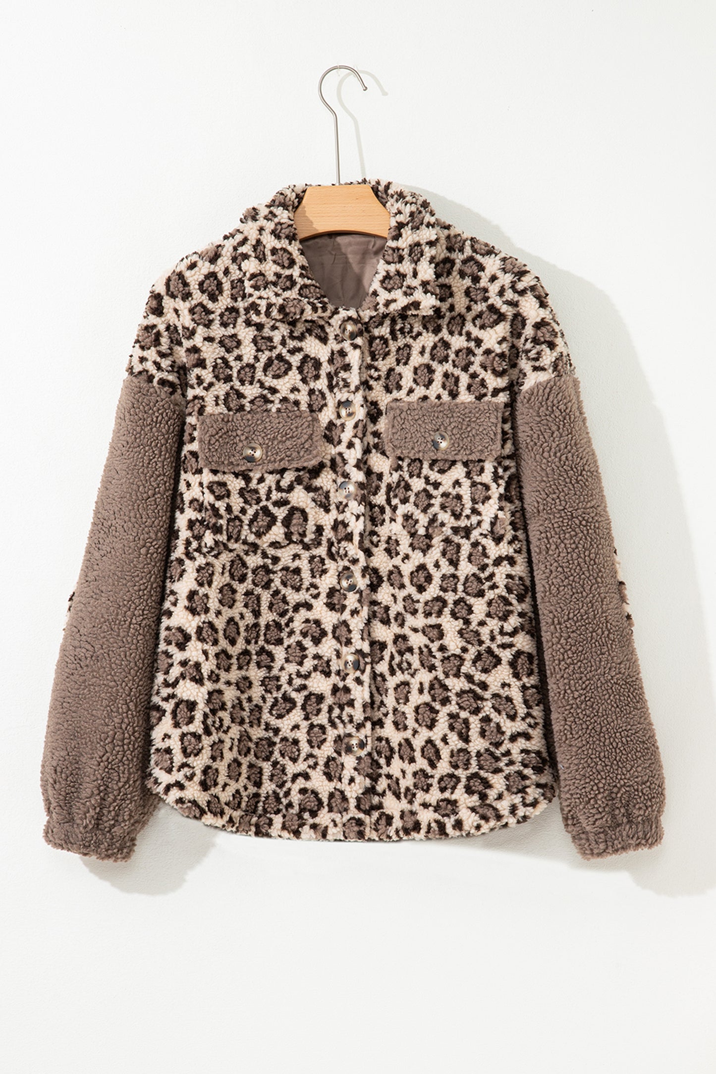 Brown Sherpa Leopard Print Flap Pocket Collared Button Up Jacket