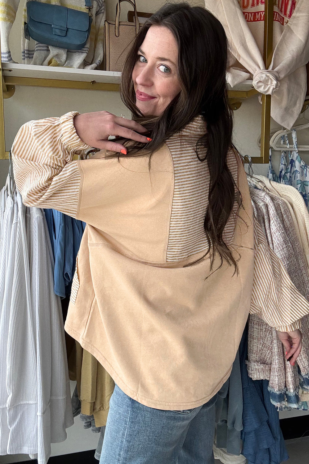 Smoke Gray Quarter Zip Striped Patchwork Drop Shoulder Loose Long Sleeve Top