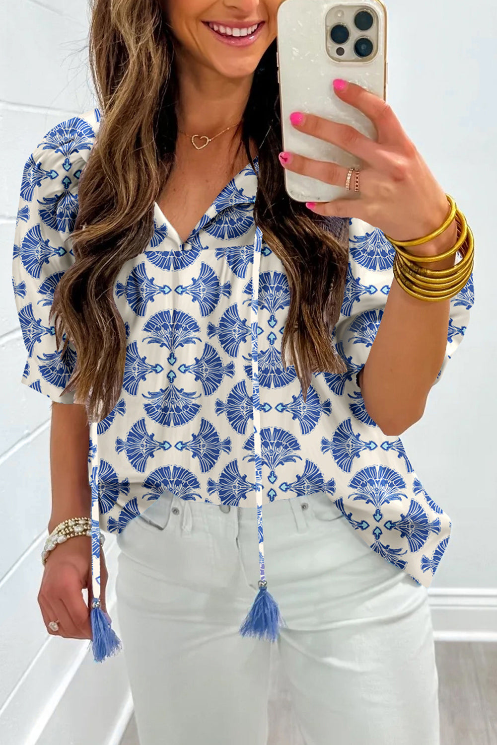Sky Blue Geometric Print Tassel Drawstring V Neck Blouse