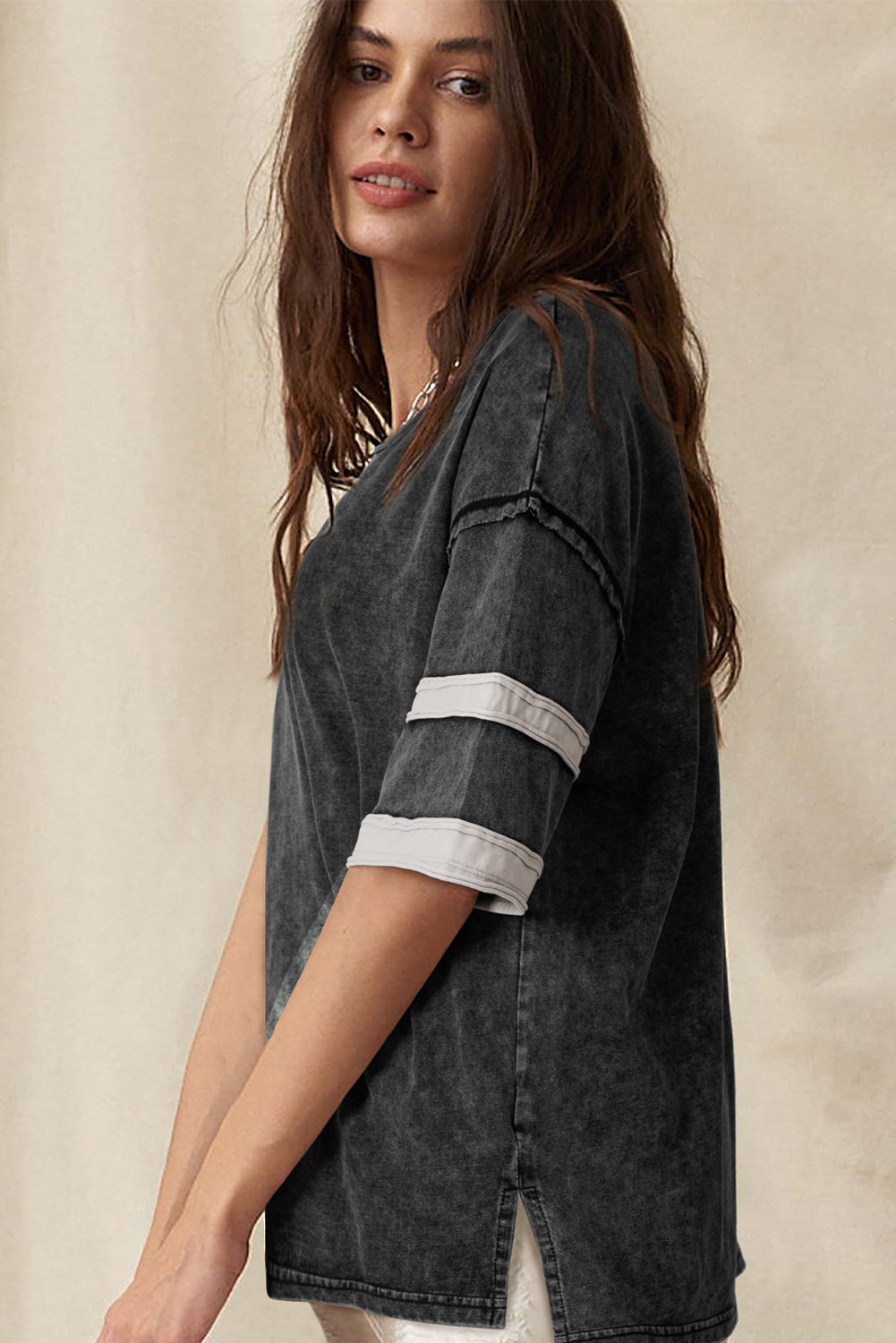 Black Varsity Stripe Half Sleeve Vintage Tee