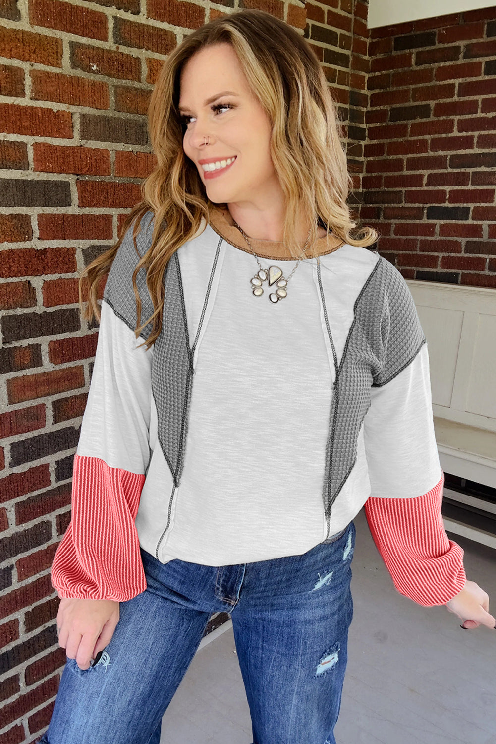 White Contrast Block Mixed Textured Knit Patchwork Casual Top