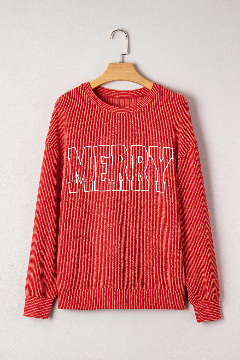 Fiery Red Twisted Rib Outlined Merry Letter Graphic Loose Long Sleeve Top