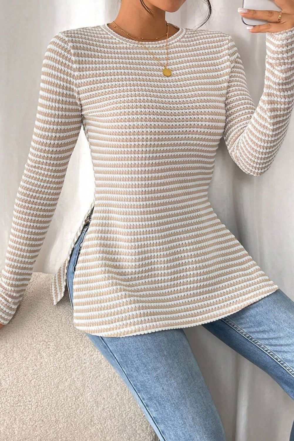Jet Stream Striped Knit Side Slit Slim Round Neck Tunic Top