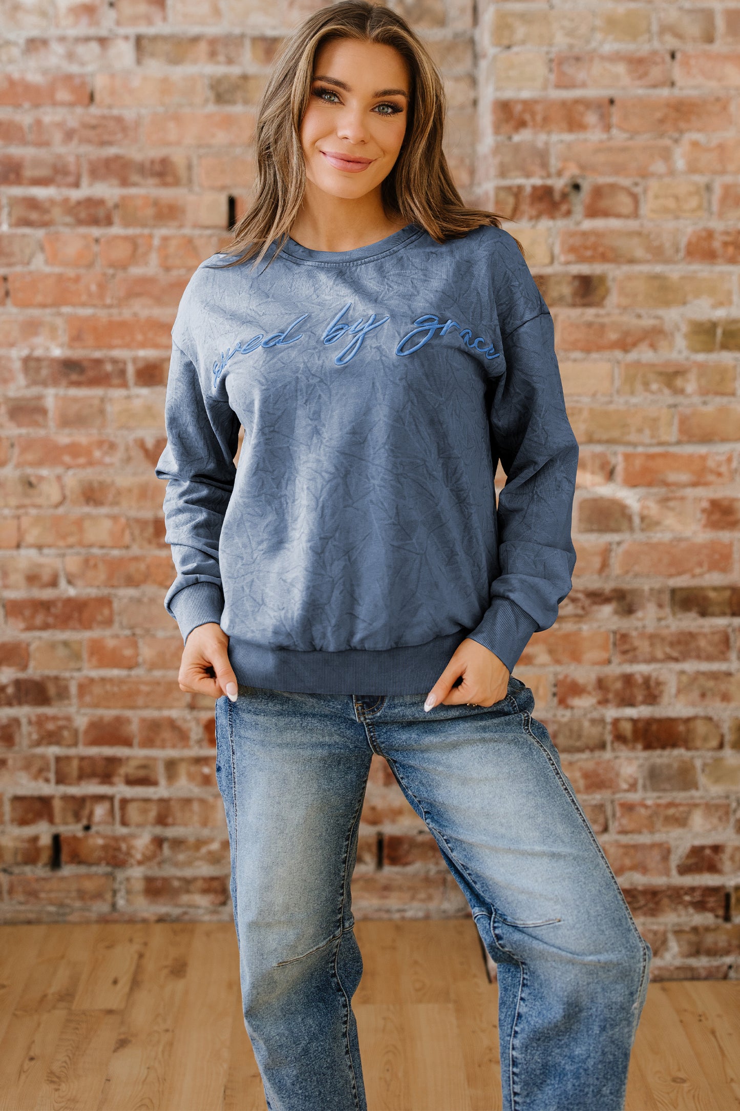 Real Teal saved by grace Letter Embroidery Mineral Wash Loose Sweatshirt