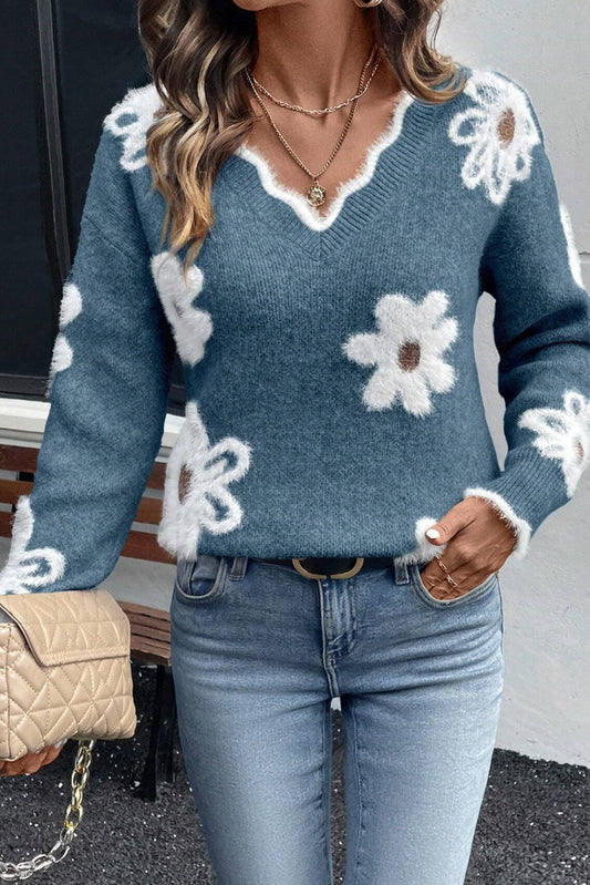 Dusk Blue Plush Flower Pattern Scalloped Trim V Neck Sweater