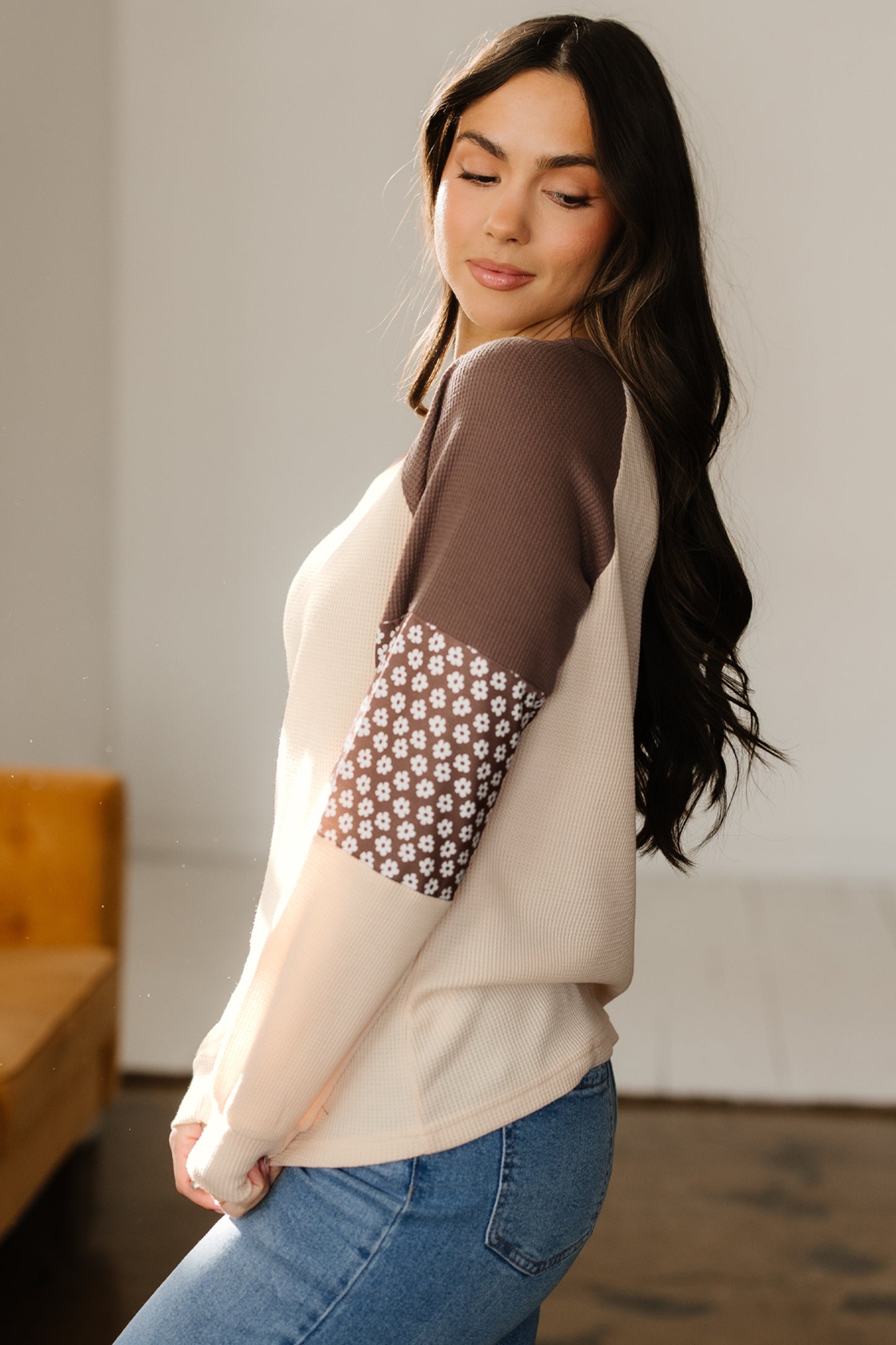 Brown Floral Print Patchwork Color Block Long Sleeve Top