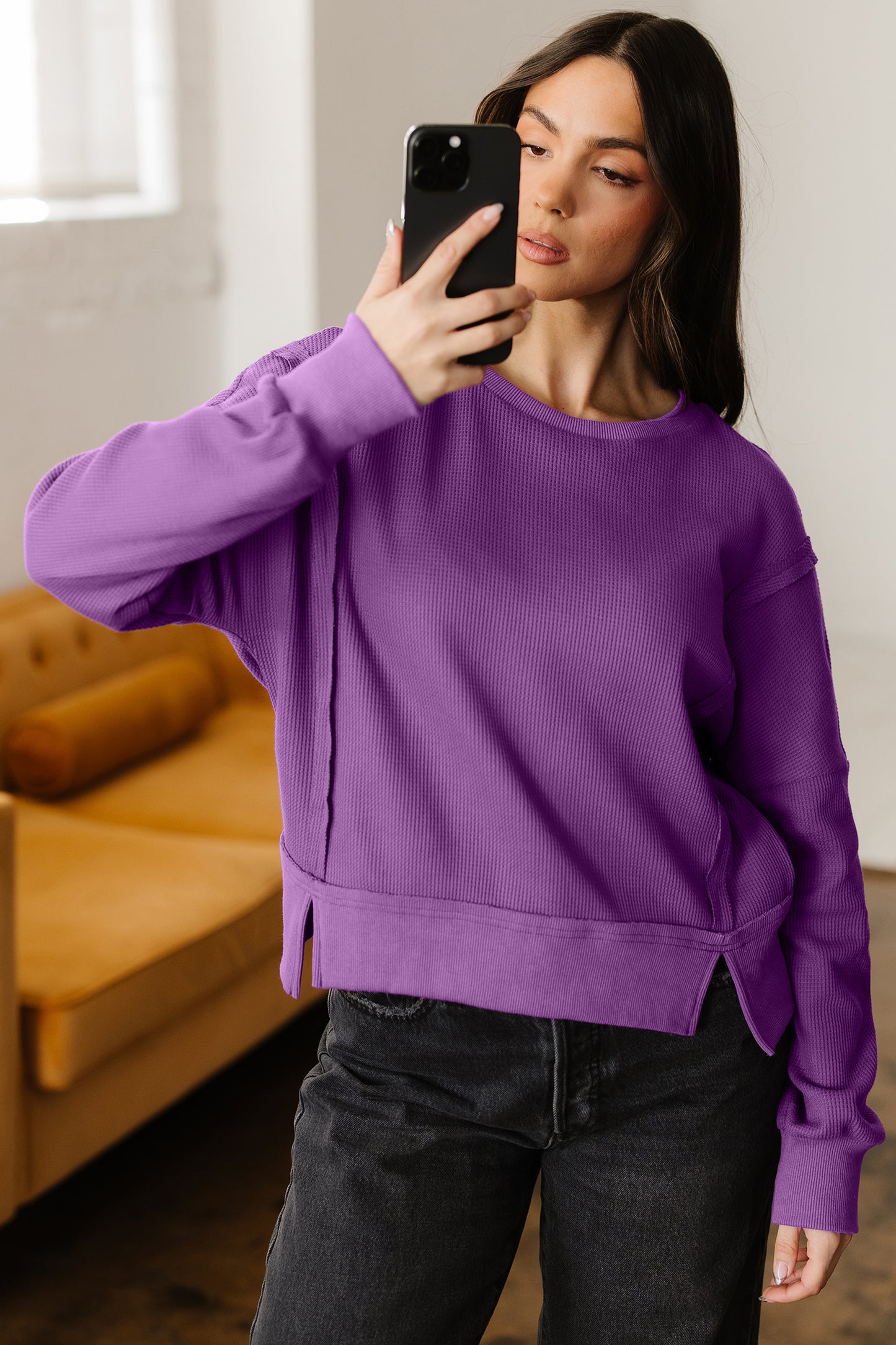 Evergreen Solid Color Raw Seam Patchwork Ribbed Drop Shoulder Sweatshirt