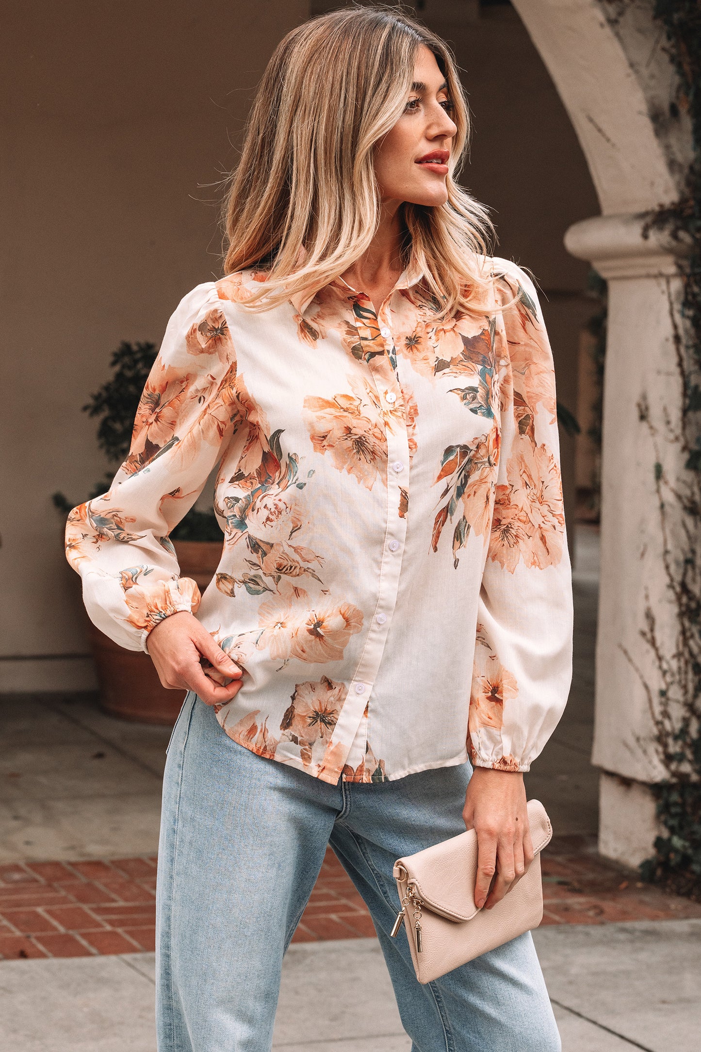 Brown Floral Puff Sleeve Lightweight Shirt