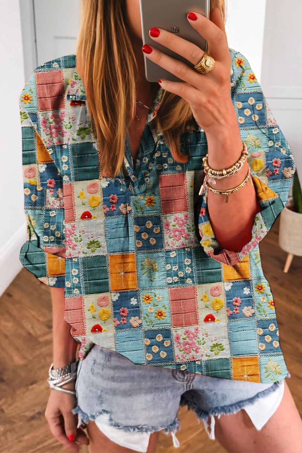 Blue Floral Collared V Neck Roll up Sleeve Shift Blouse