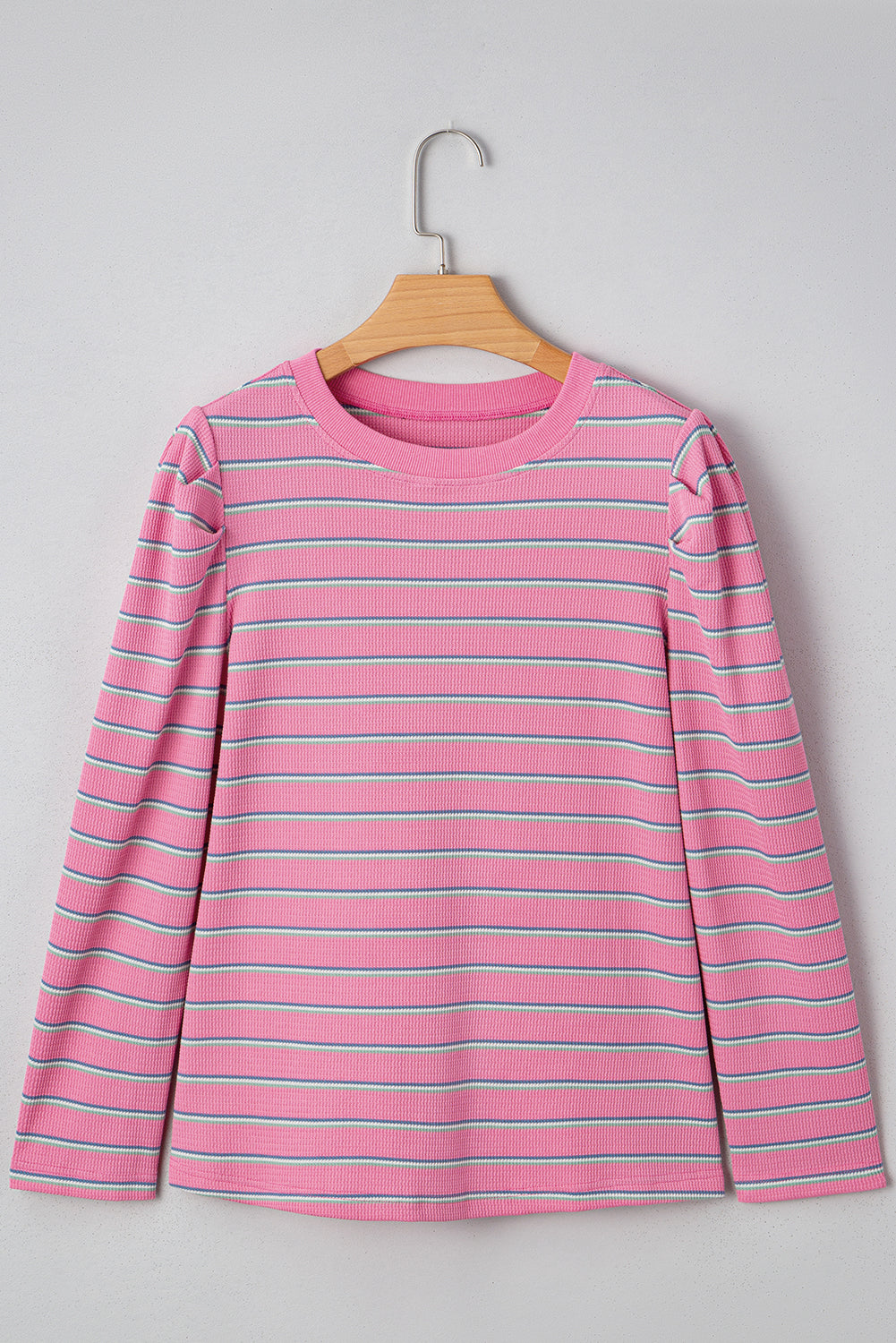 Rose Stripe Textured Knit Round Neck Long Sleeve Top