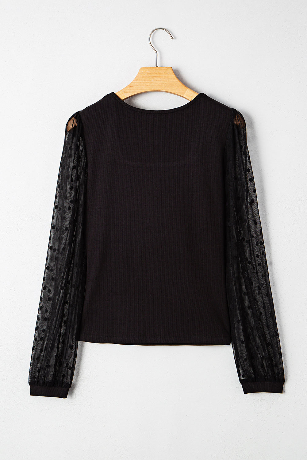 Black Polka Dot Mesh Puff Sleeve Patchwork Ribbed Square Neck Slim Top
