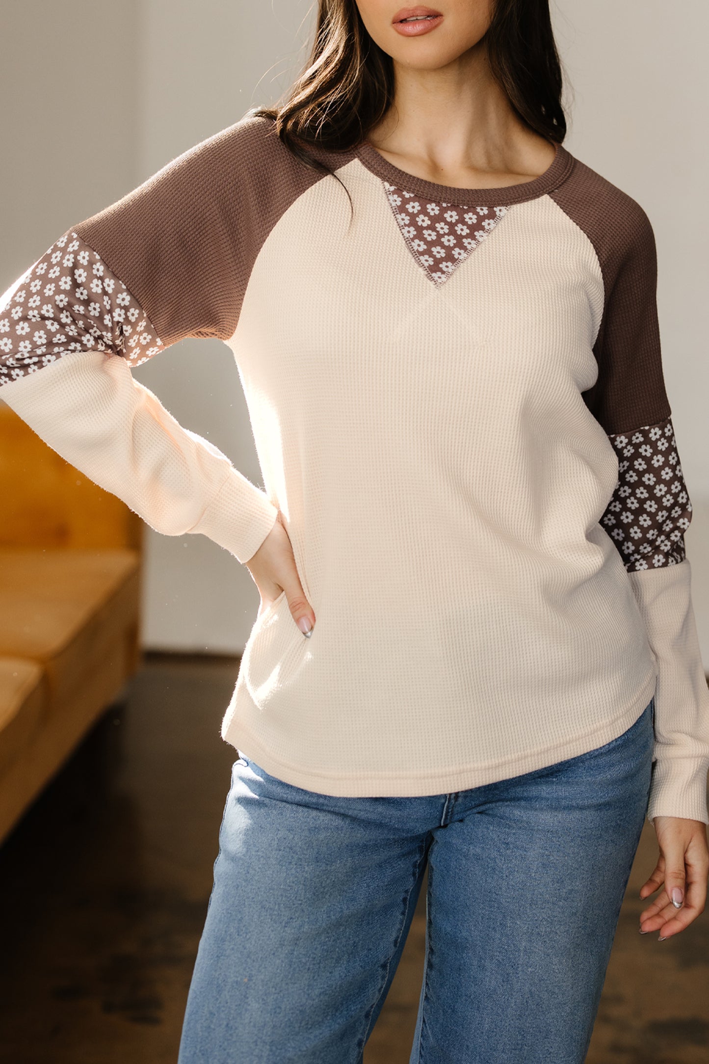 Brown Floral Print Patchwork Color Block Long Sleeve Top