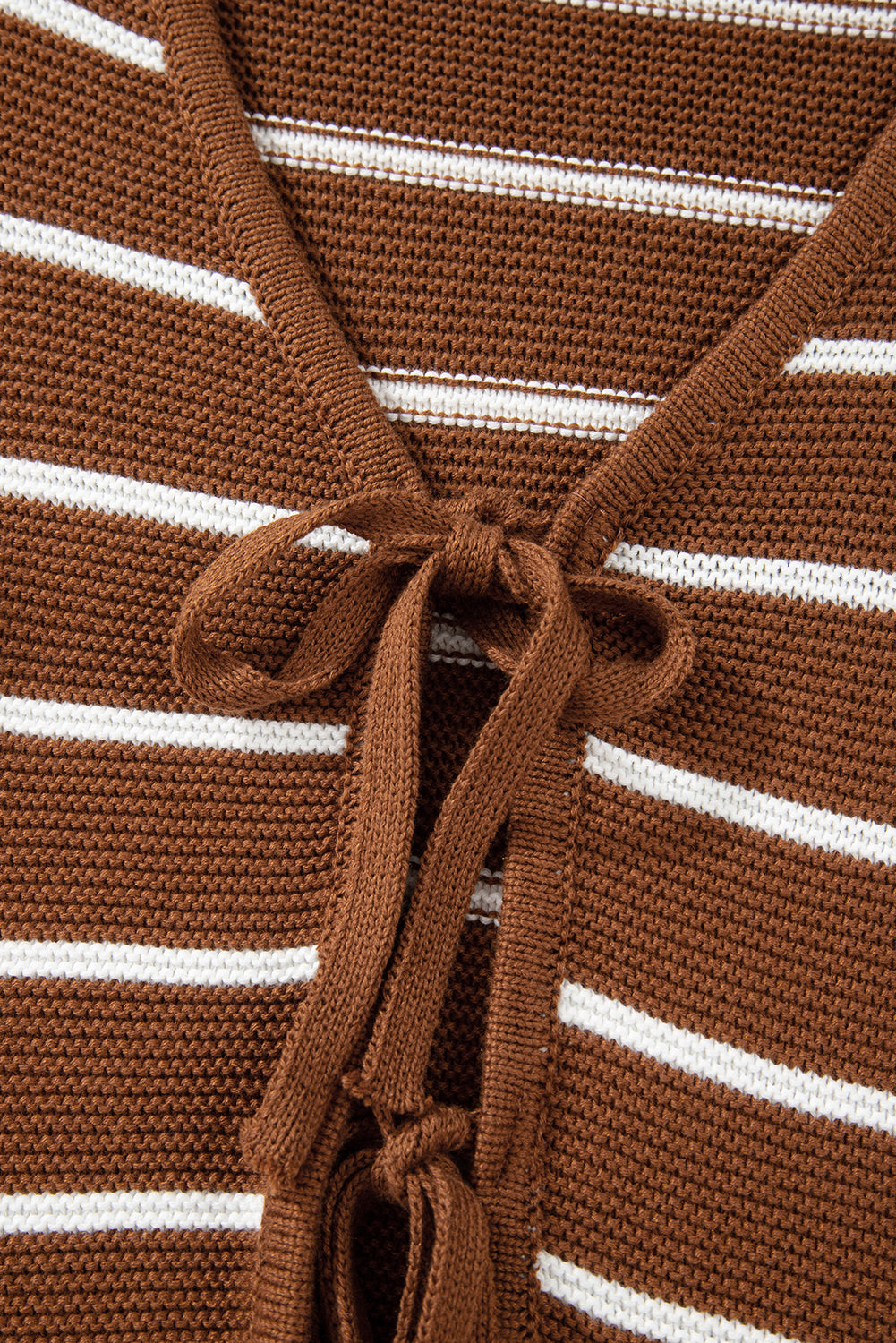 Chestnut Tie Front Striped Knit V Neck Cardigan Sweater