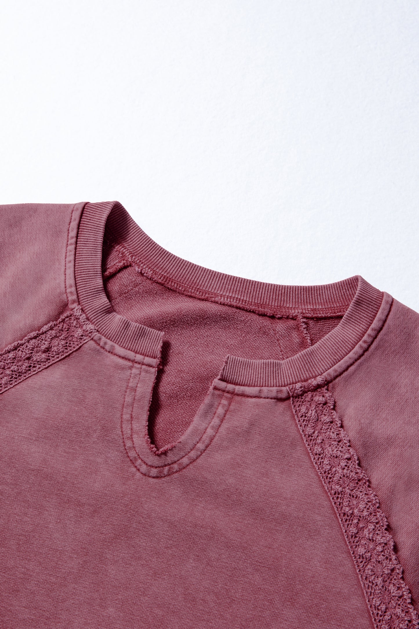 Sail Blue Lace Patchwork Detail Notched Neck Mineral Wash Baggy Sweatshirt