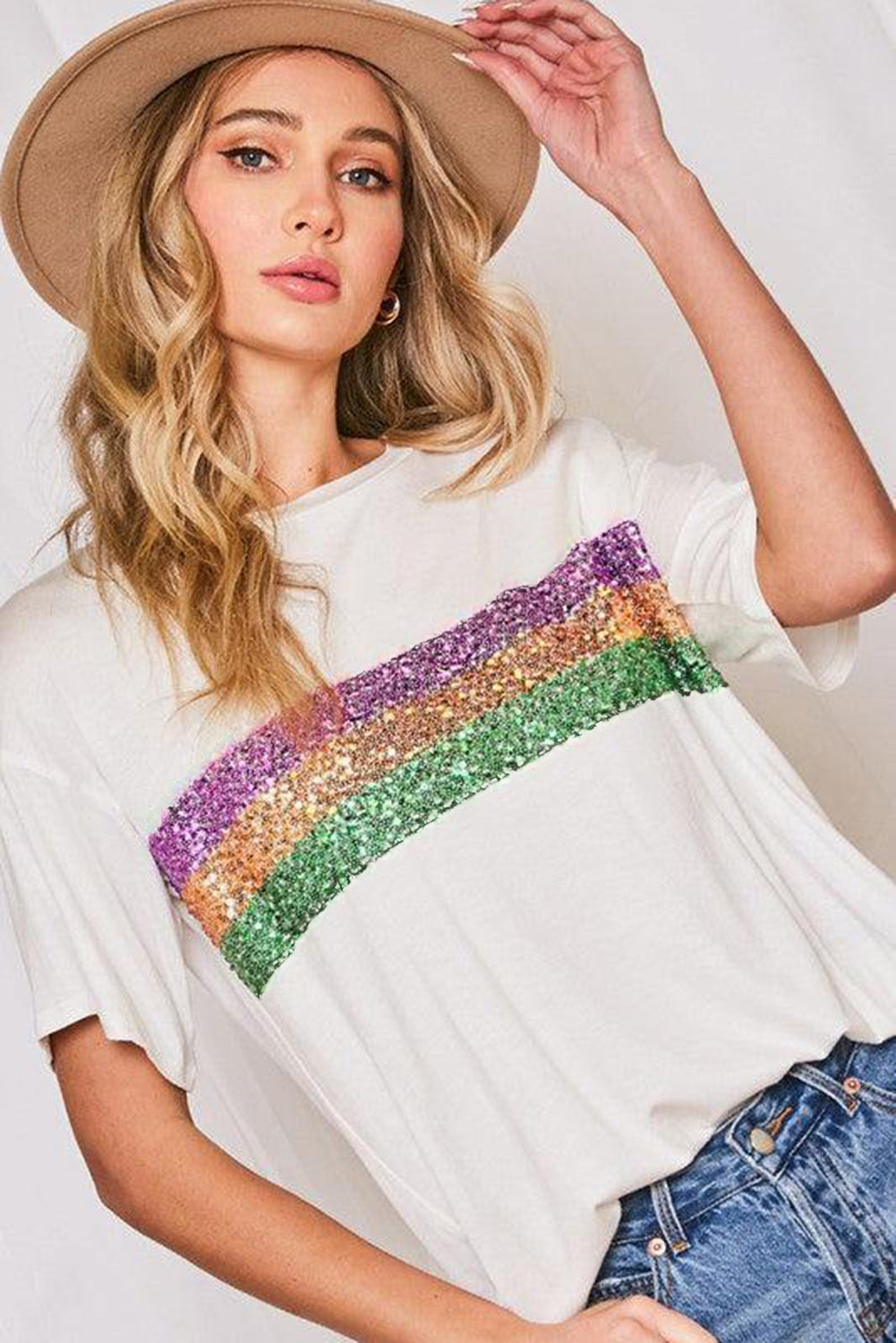 Black Sequin Stripes Patchwork Mardi Gras Crew Neck T Shirt