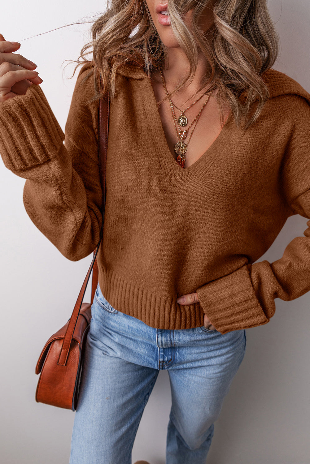 Chestnut Collared V Neck Ribbed Edge Sexy Elegant Sweater