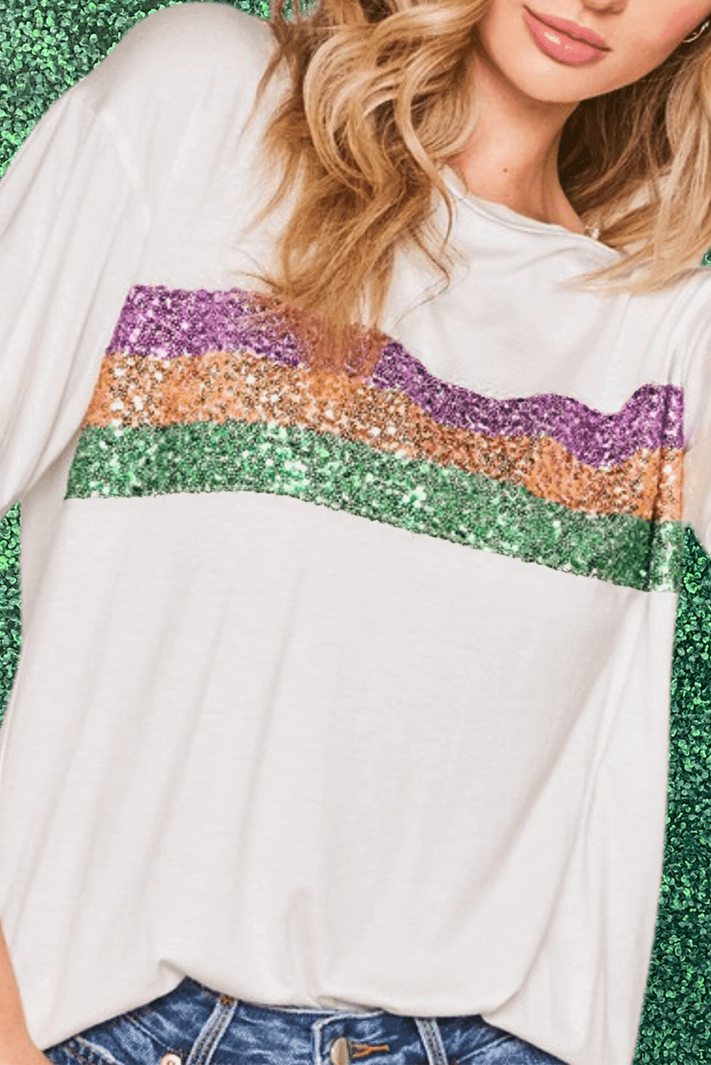 Black Sequin Stripes Patchwork Mardi Gras Crew Neck T Shirt