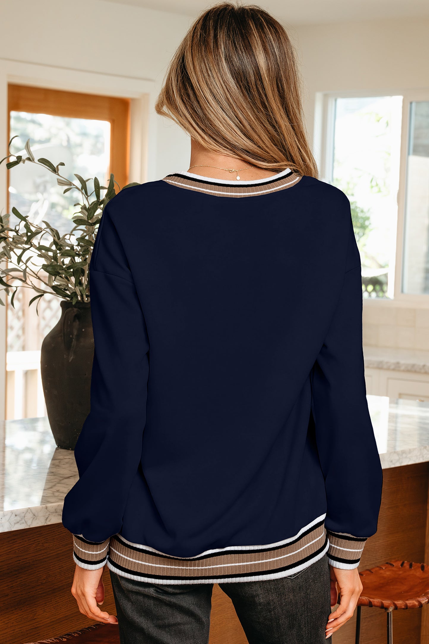 Navy Blue Varsity Contrast Striped Trim V Neck Sweatshirt