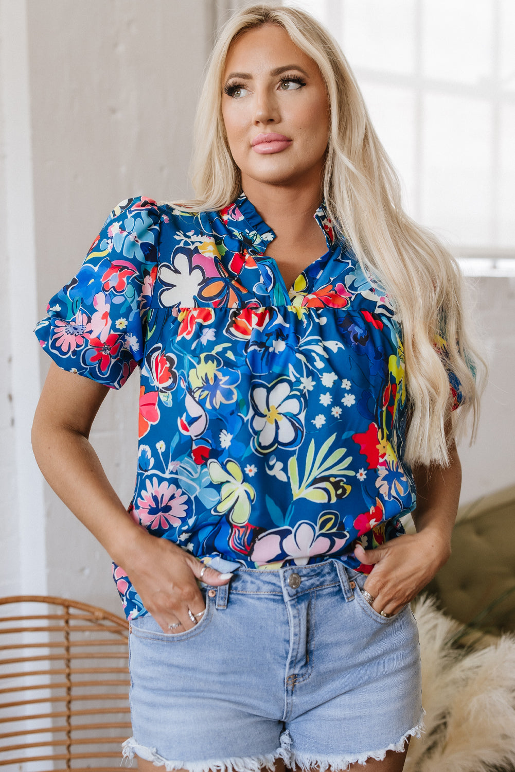 Blue Flower Print Collared V Neck Puff Short Sleeve Loose Blouse