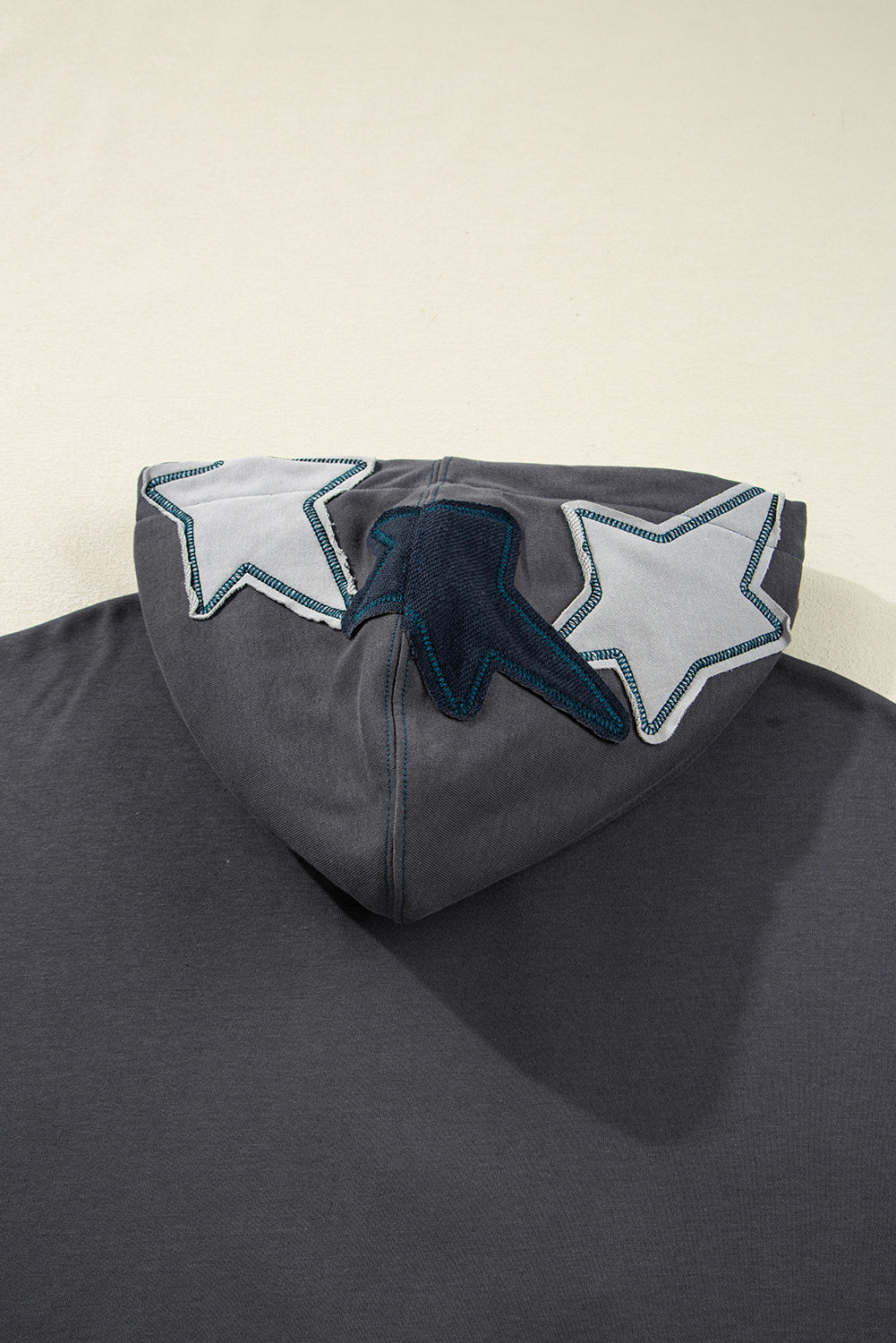 Carbon Grey Star Patchwork Contrast Stitching Mineral Wash Kangaroo Pocket Vintage Hoodie