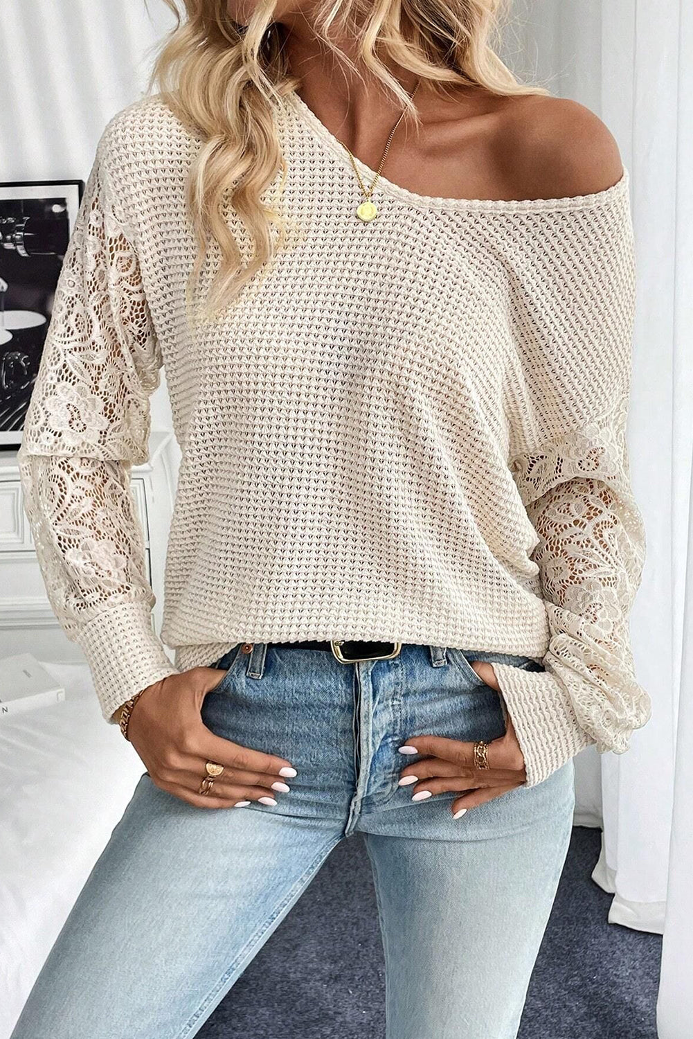 Beige V Neck Breathable Knit Drop Shoulder Lace Sleeve Patchwork Top